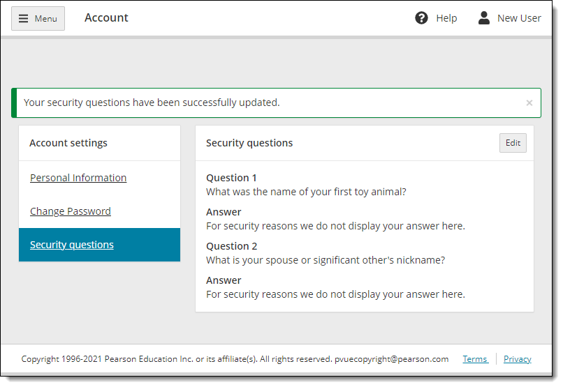 Security questions updated message.